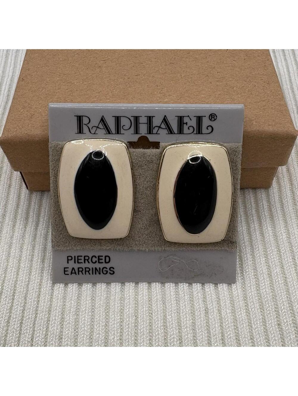 Vintage Raphael Gold Tone Enamel Pierced Earrings Geometric Retro